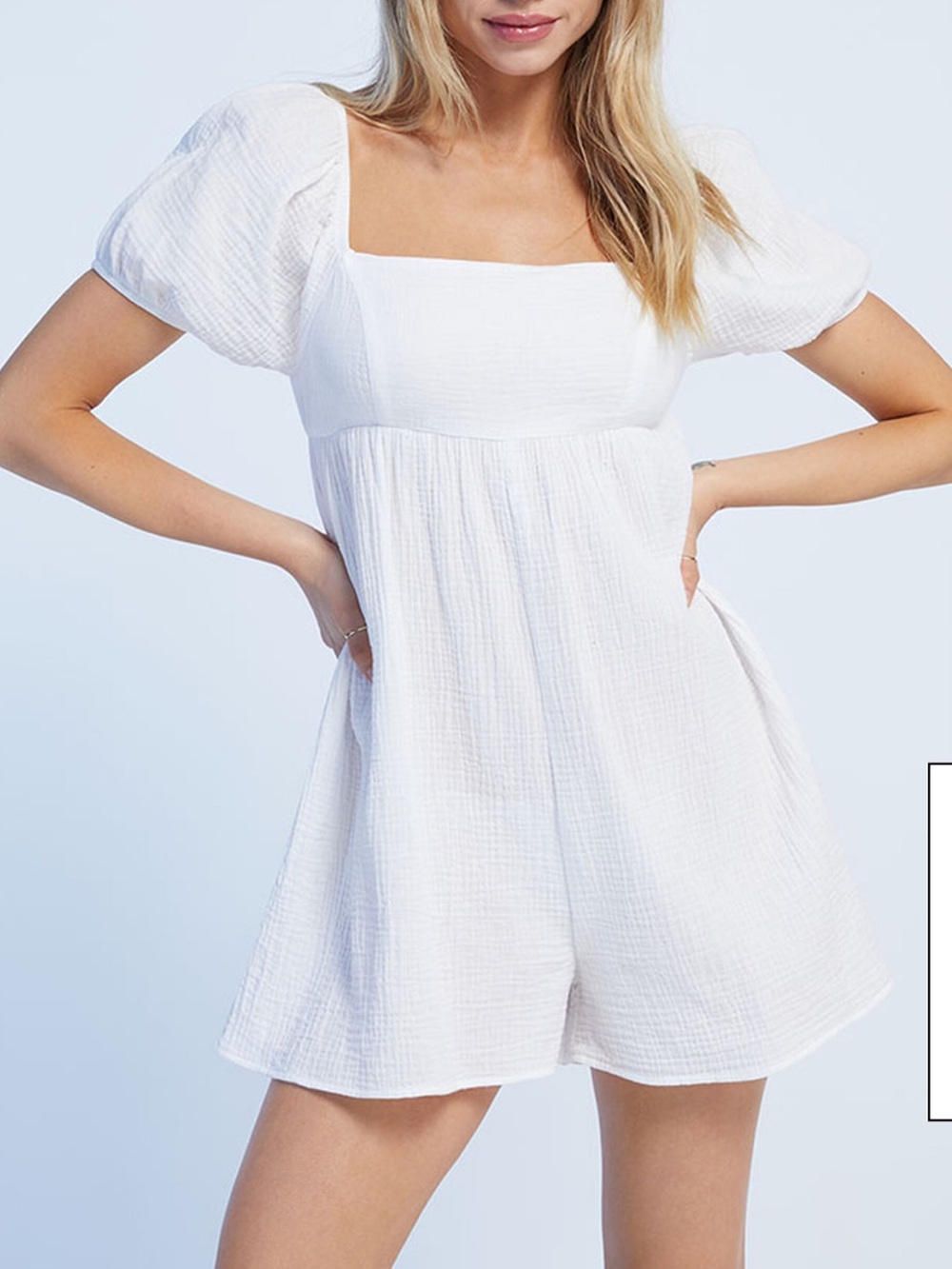 La Hearts White Square Neck Romper with Puff Sleeves
